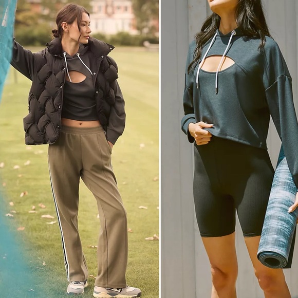 BOGO! Anthropologie Daily Practice Cut Out Cropped Hoodie Gray Size Large - Picture 1 of 9